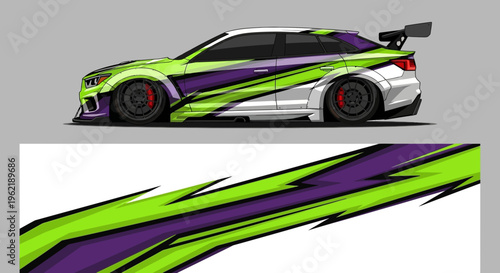 Sleek racecar wrap with neon green and purple stripes on a bold graphic design.