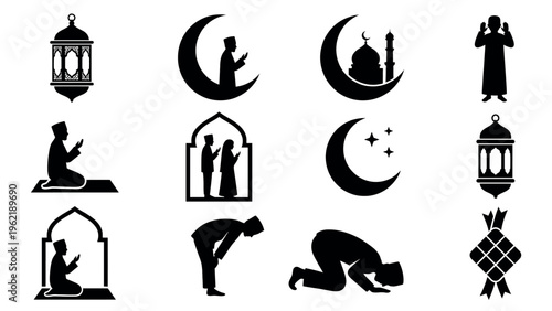 Islamic prayer and Ramadan celebration silhouettes set.