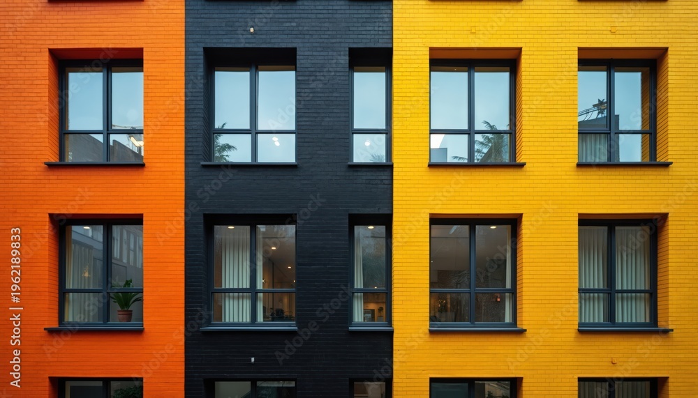 Fototapeta premium Modern building facade. Bright orange, black, and yellow brick walls with symmetrical dark framed windows. Exterior view shows clean lines and urban design elements.