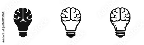 Brain in a lightbulb icons in solid, outline, and hand-drawn styles, symbolizing idea, creativity, intelligence, and innovation