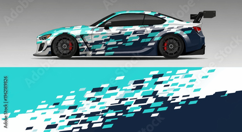 Sleek sports car with teal and white digital camouflage wrap on studio background.