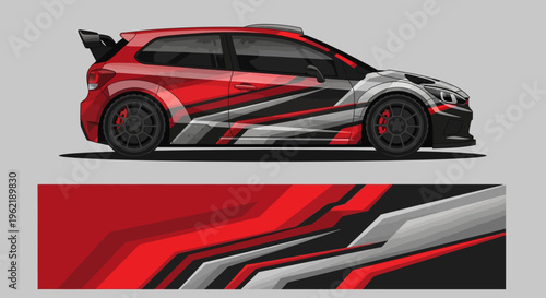 Red and black race car with bold graphic wrap and aerodynamic design.