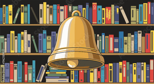 A golden bell rings before a library of colorful books on shelves