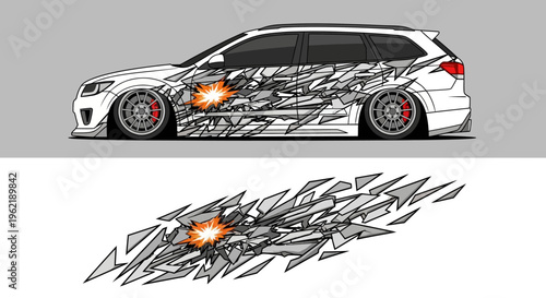 Stylized custom sports car with graffiti flames and fragmented graphic design.