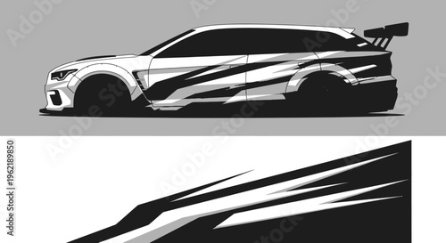 Stylized black and white racecar silhouette in motion.