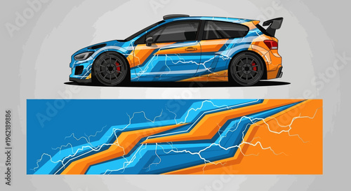 Blue and orange race car above bold graphic panels with dynamic design and motion in a high speed composition.