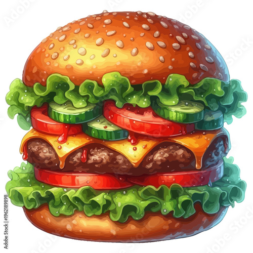 Delicious beef cheeseburger with cheese, lettuce, tomato, and onion on a sesame bun isolated on a white background as a fast food snack