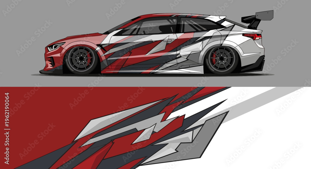 Fototapeta premium Sleek race car with dynamic red and gray geometric graphics and a prominent rear wing for high performance on the track.