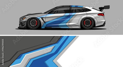 High performance race car with blue and white livery on track featuring aerodynamic design and spoiler for speed.