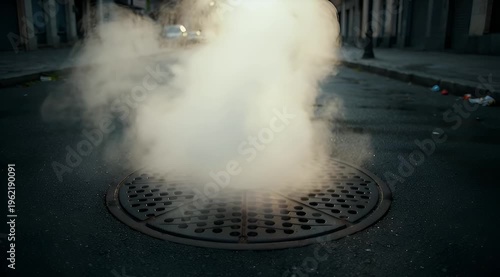Mysterious billowing steam emanating from a city street manhole cover