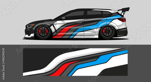 Side view of a high-performance race car featuring bold blue, white, and red livery and aerodynamic detailing.