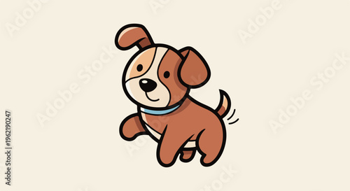 A cute cartoon brown dog with white markings and a blue collar