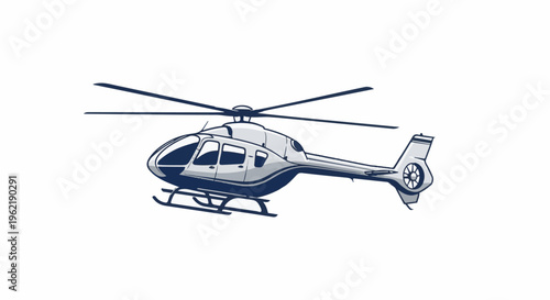 A detailed, isolated illustration of a sleek, silver and navy blue rotorcraft