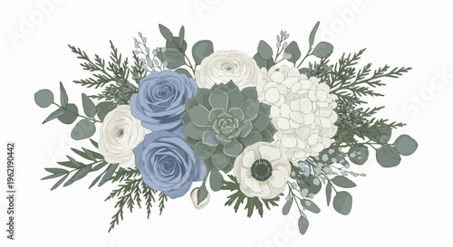 A digital floral arrangement features blue roses, white flowers, and greenery