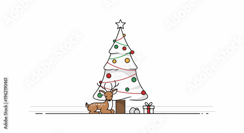A cute deer rests beside a decorated Christmas tree with presents