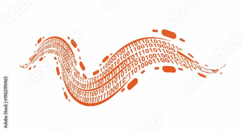 A digital wave of orange binary code flows across a white background