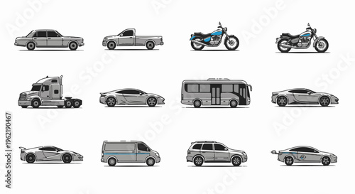 A collection of pixel art vehicles including cars, trucks, motorcycles, and a bus