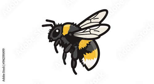 A cute, fluffy bumblebee with black, yellow, and white stripes in flight