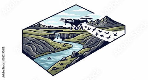 A drone hovers over a canyon with a waterfall, observing flying birds