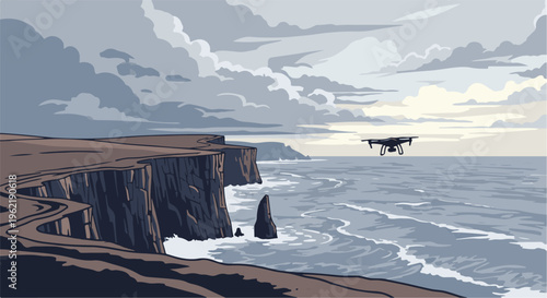 A drone surveys a rugged coastline with choppy seas under a cloudy sky