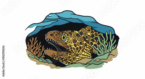 A colorful cartoon eel with sharp teeth peeks out from an underwater cave
