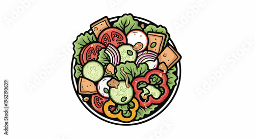 A colorful cartoon illustration of a full salad in a bowl