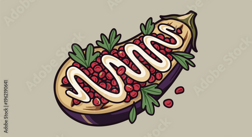 A colorful cartoon illustration of a halved eggplant topped with red seeds and a white sauce