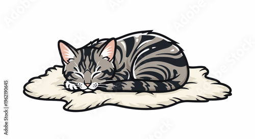 A cute tabby cat sleeps peacefully curled up on a fluffy mat