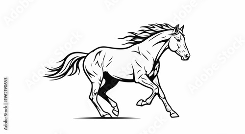 A dynamic black and white illustration of a running horse with flowing mane