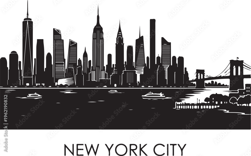 Fototapeta premium Black and white illustration of New York City skyline with skyscrapers and Brooklyn Bridge.