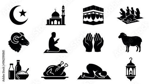 Islamic religious symbols and traditions icon set in black and white.