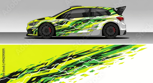High-speed green yellow race car with dynamic graphics on a white background.