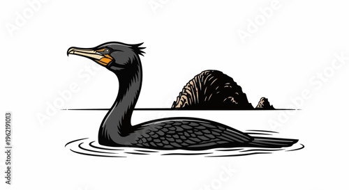 A dark, stylized bird with orange accents swims in rippling water near rocky outcrops