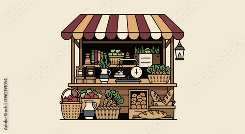 A charming illustrated market stall displaying fresh produce and baked goods