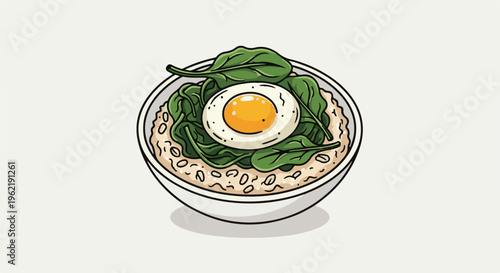 A bowl of creamy grains topped with fresh green leaves and an egg
