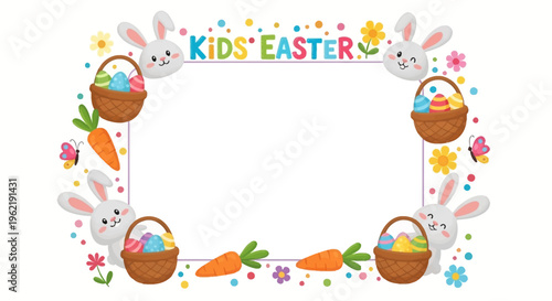 Colorful Easter egg hunt invitation template with cartoon bunnies, eggs, and flowers in a festive border design for kids party celebration