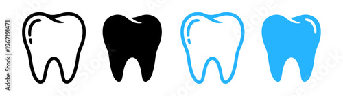 Dental tooth icon set, 4 vector tooth symbols in outline and solid styles, blue and black dentistry graphics