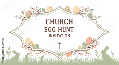 Easter egg hunt invitation template for church with colorful eggs and bunnies in a decorative border