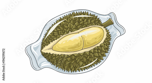 A cut durian fruit revealing its creamy yellow flesh on a transparent plate
