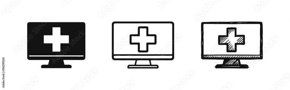 Obraz premium Digital healthcare and remote medical assistance monitor icon set in various styles