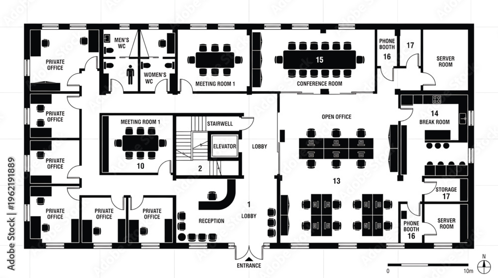 Fototapeta premium Detailed black and white office floor plan with rooms and measurements