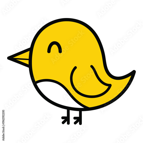 Cute cartoon yellow bird with white belly and smiling face standing alone icon