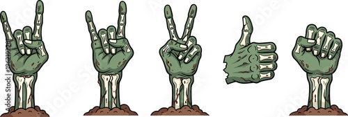 Green Zombie Hands Set Featuring Various Gestures Including Rock On Peace Sign Thumbs Up and Fist Rising from Ground for Halloween Horror Design
