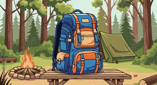 A blue and orange backpack sits on a picnic table