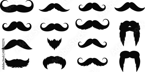 Facial hair silhouette illustration set, mustache and beard artwork, grooming style vector design, decorative fashion graphic, flat vector illustration