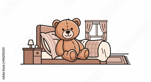A cozy bedroom scene features a teddy bear sitting on a bed with a bedside table