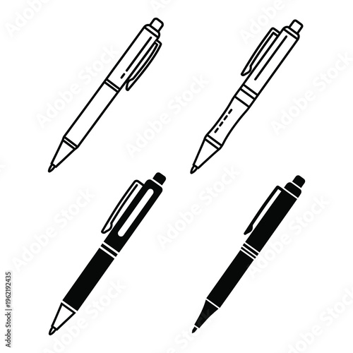 Four ballpoint pens in different colors and designs  office stationery items icon