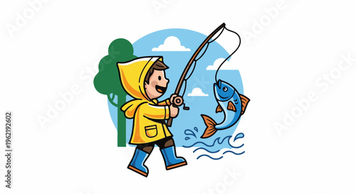 A child in a yellow raincoat catches a fish while fishing by a tree