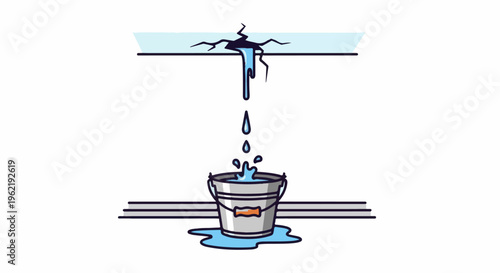 A cracked ceiling drips water into a bucket, causing a puddle