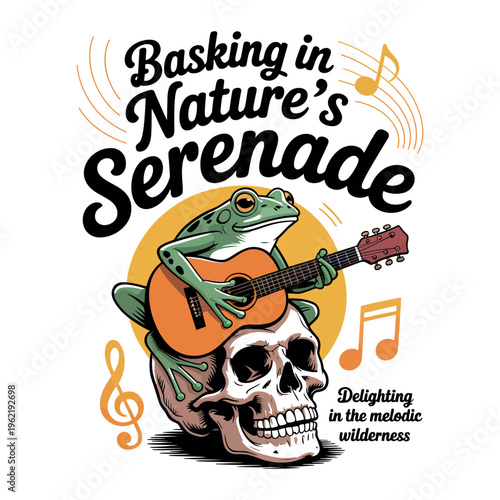Frog plays guitar on skull in nature serenade delighting in melodic wilderness.